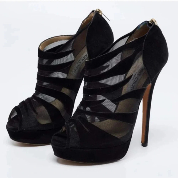 Jimmy Choo Kerfield Black Suede Peep Toe‎ Heels Size 37.5 - Picture 1 of 14